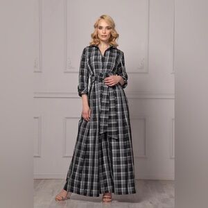 Black Plaid Maxi Dress Shirt Dress Cottagecore Dark Academia Belted NWT
